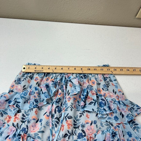 Lovers + Friends Mini Skirt Medium Women Floral Print Ruffle Blue Pink Tiered - Picture 11 of 13
